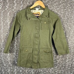 Earthbound Trading‎ Green Canvas Zip Up Button Jacket With Crochet Back